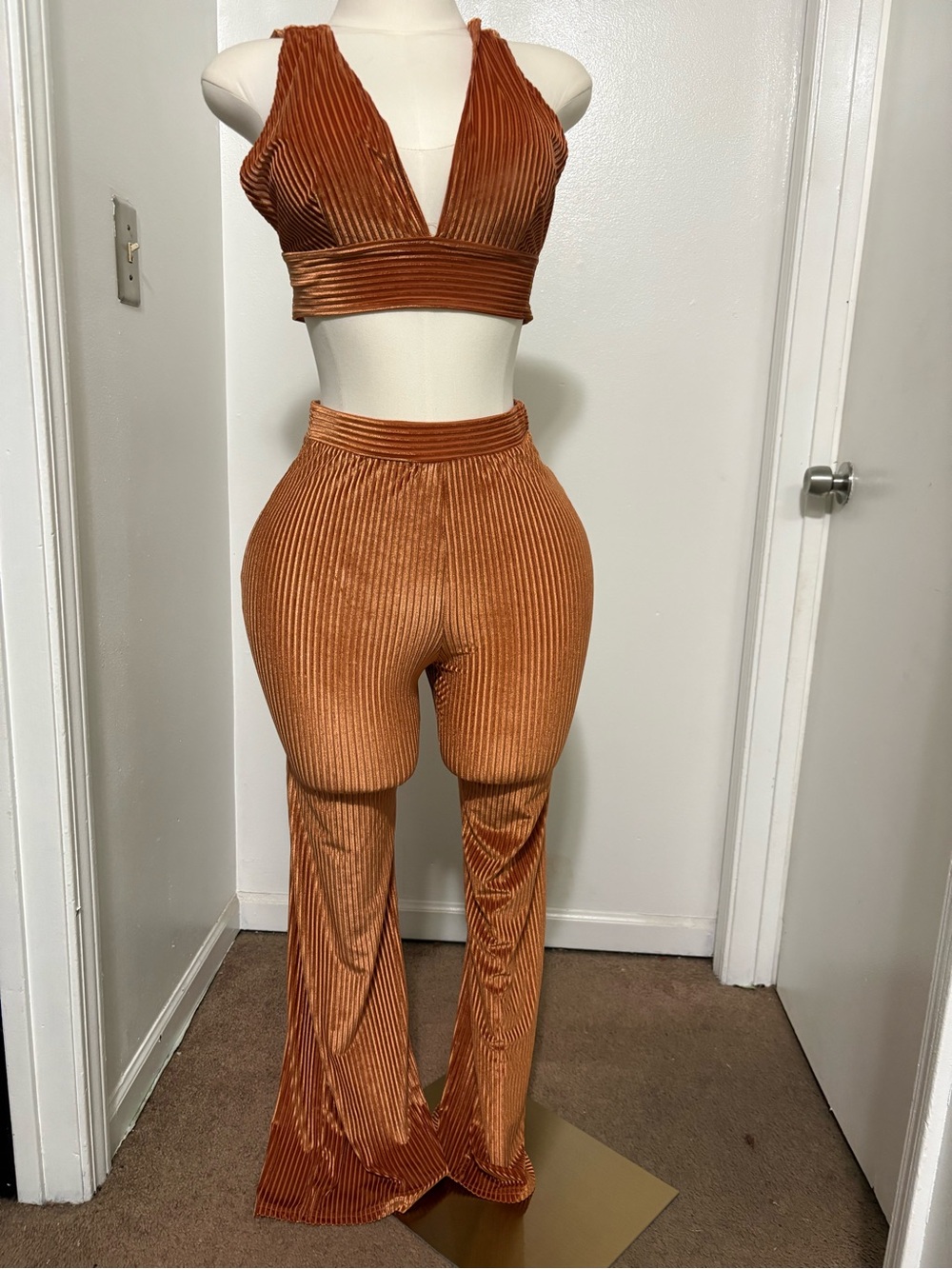 Etro Ribbed Velvet High-Waist Flare Pants set In Copper/Rust